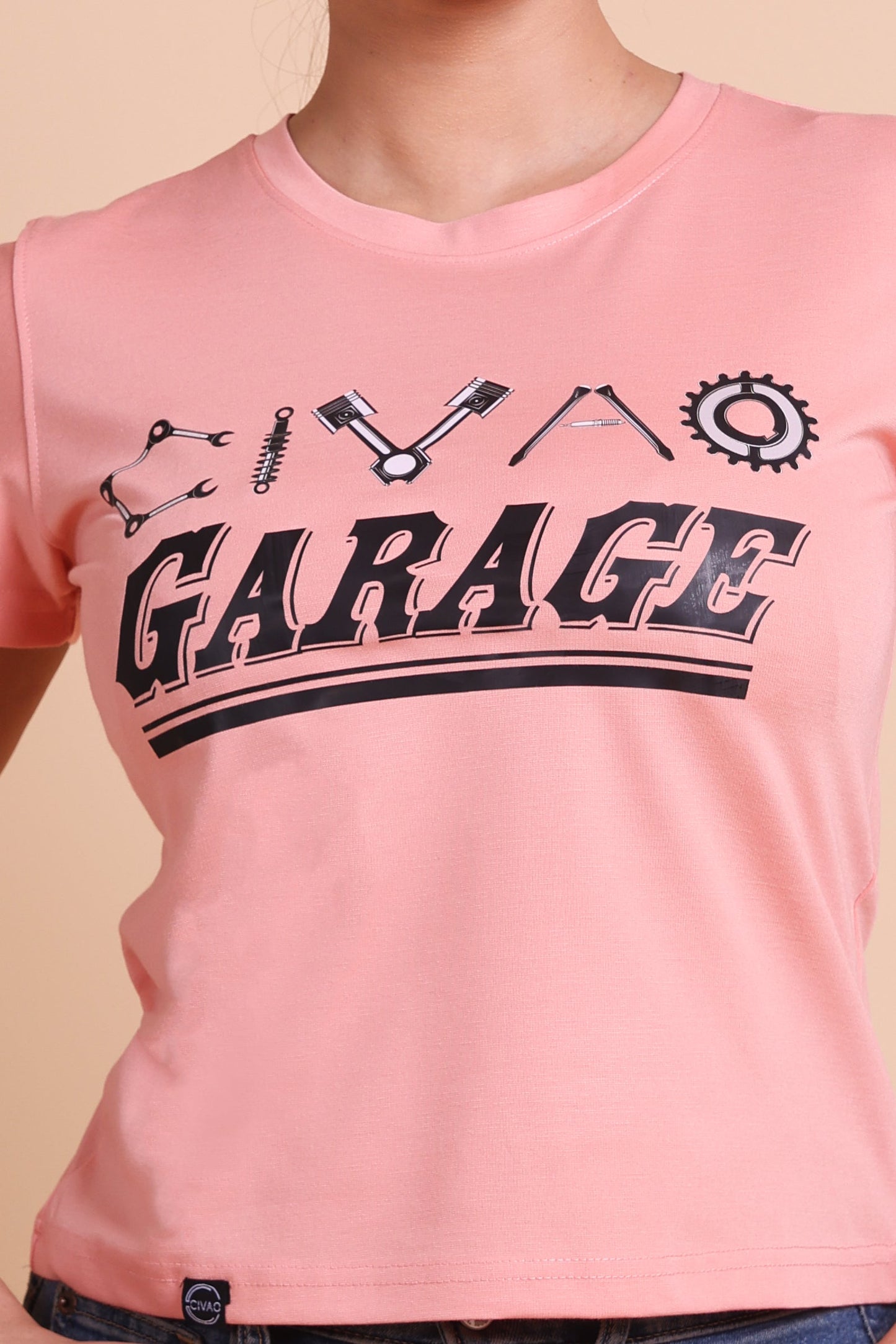 Women's Peach Color The Garage Slim Fit T-Shirts - Elite Style