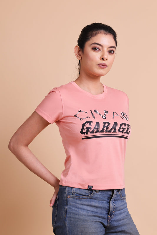 Women's Peach Color The Garage Slim Fit T-Shirts - Elite Style
