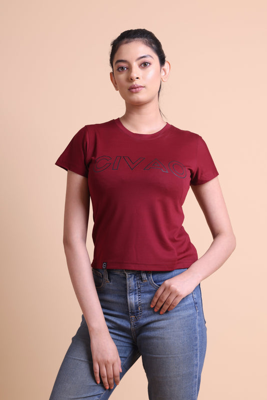 The Civao Women's Maroon  Slim Fit T-Shirt