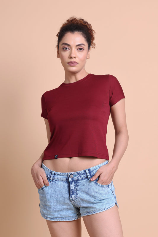 Women's  Maroon Color Solid Slim Fit T-shirts