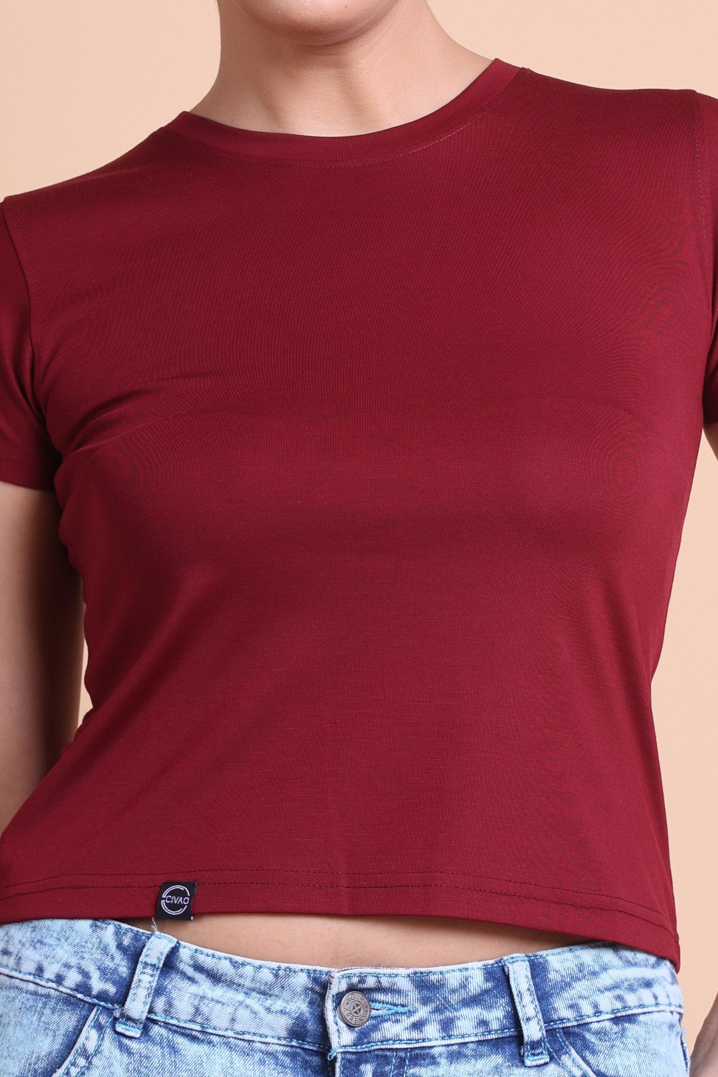 Women's  Maroon Color Solid Slim Fit T-shirts