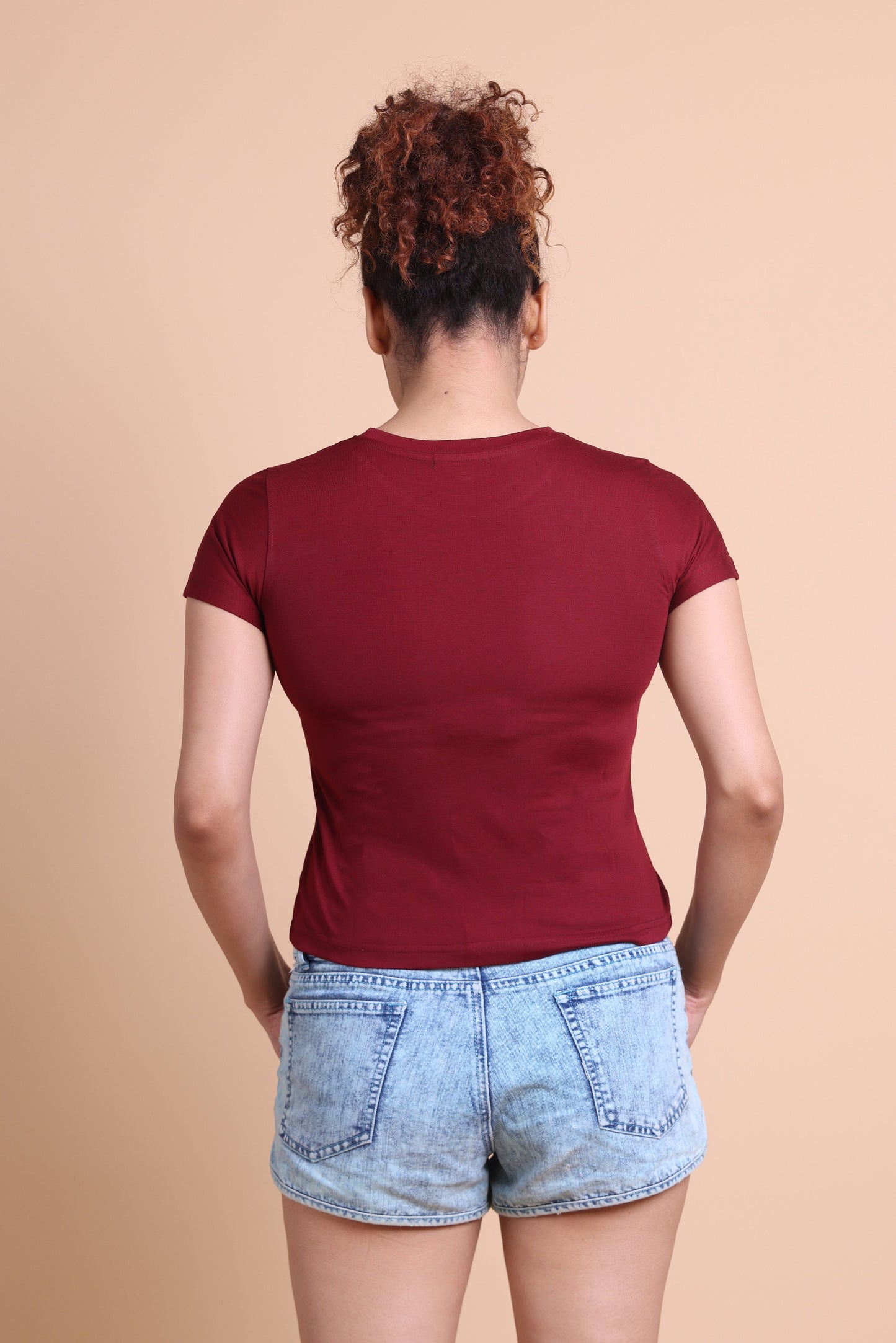 Women's  Maroon Color Solid Slim Fit T-shirts