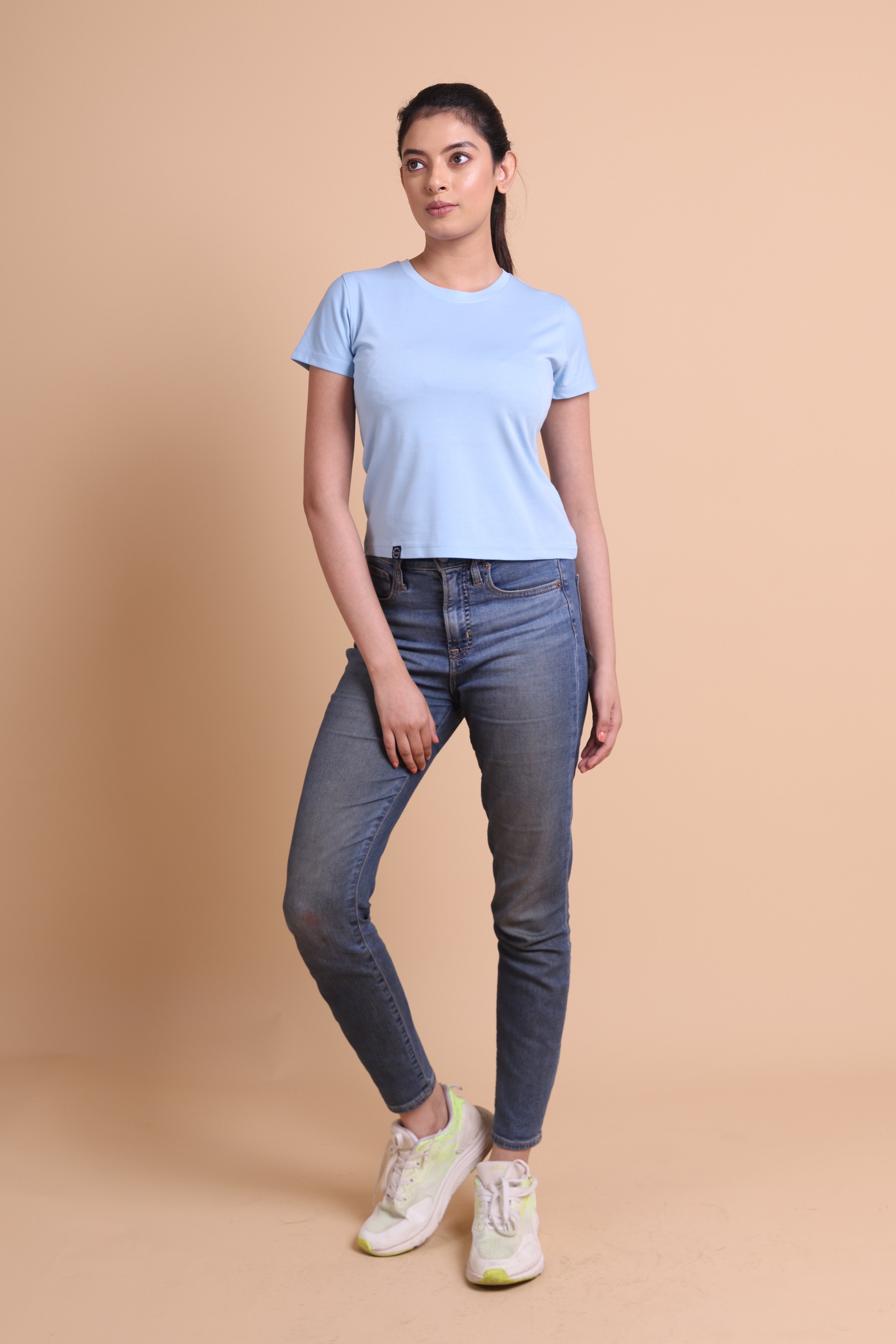 Women's  Sky Blue Solid Slim Fit T-shirts