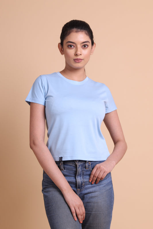 Women's  Sky Blue Solid Slim Fit T-shirts