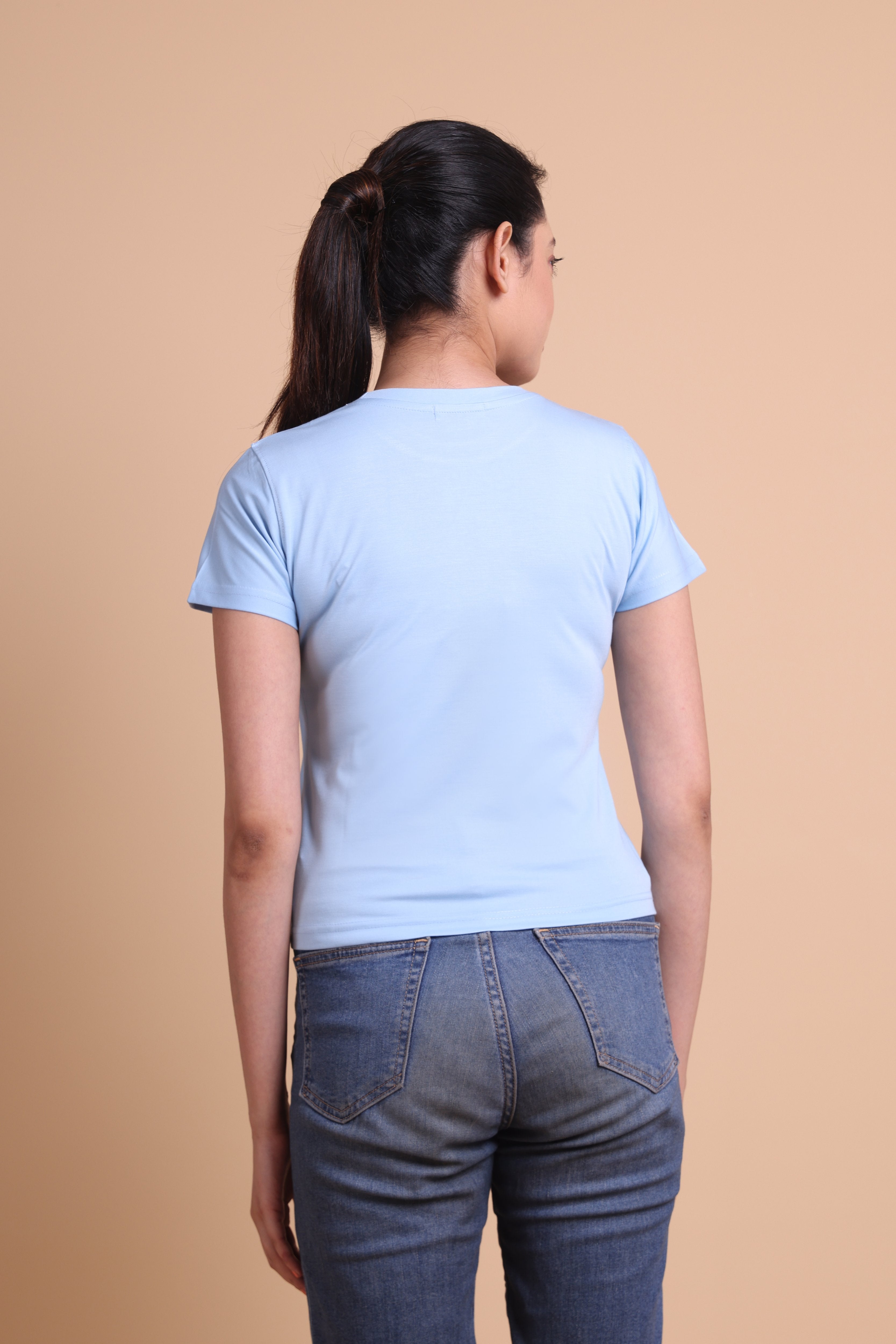 Women's  Sky Blue Solid Slim Fit T-shirts