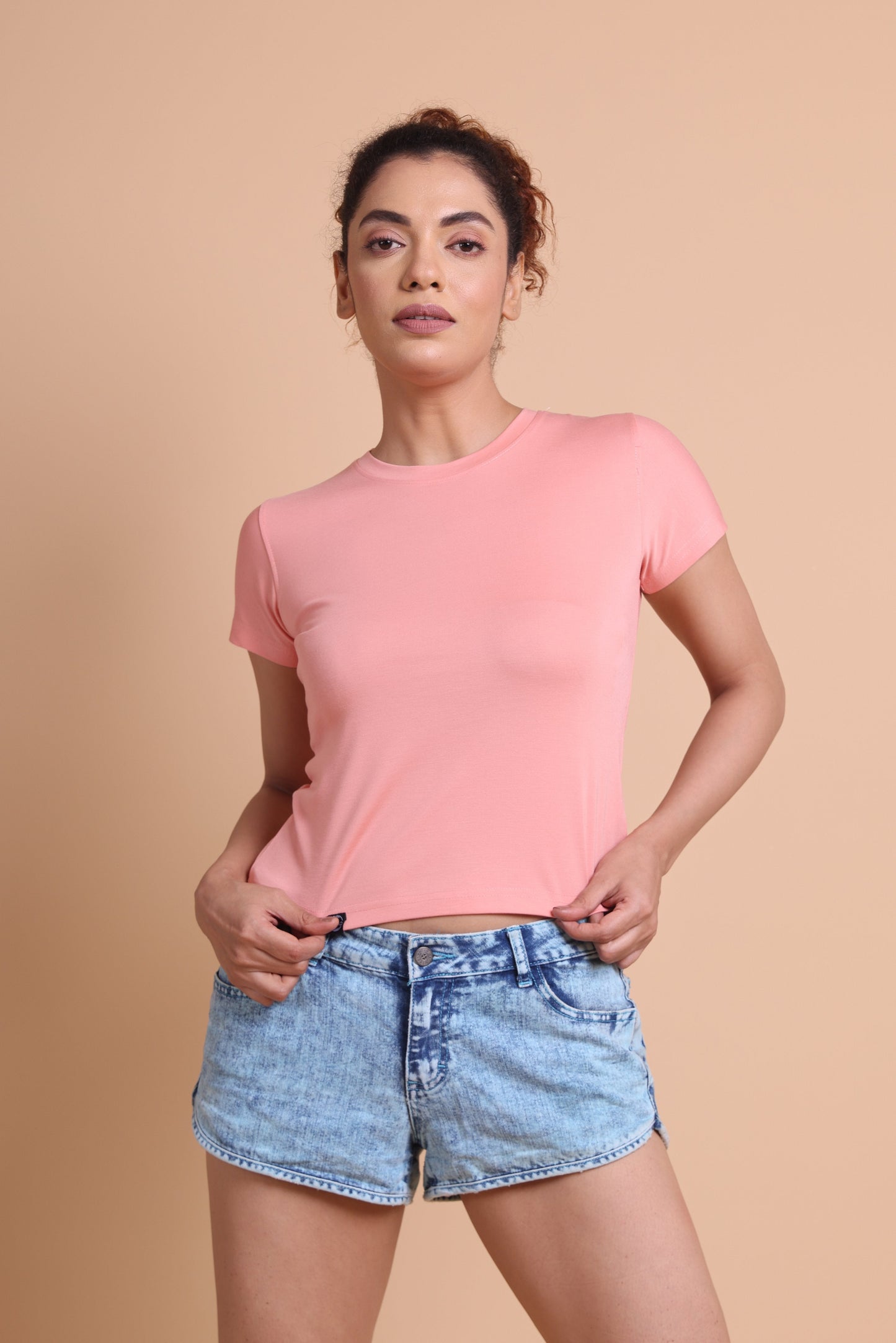 Women's  Peach Color Solid Slim fit T-shirts