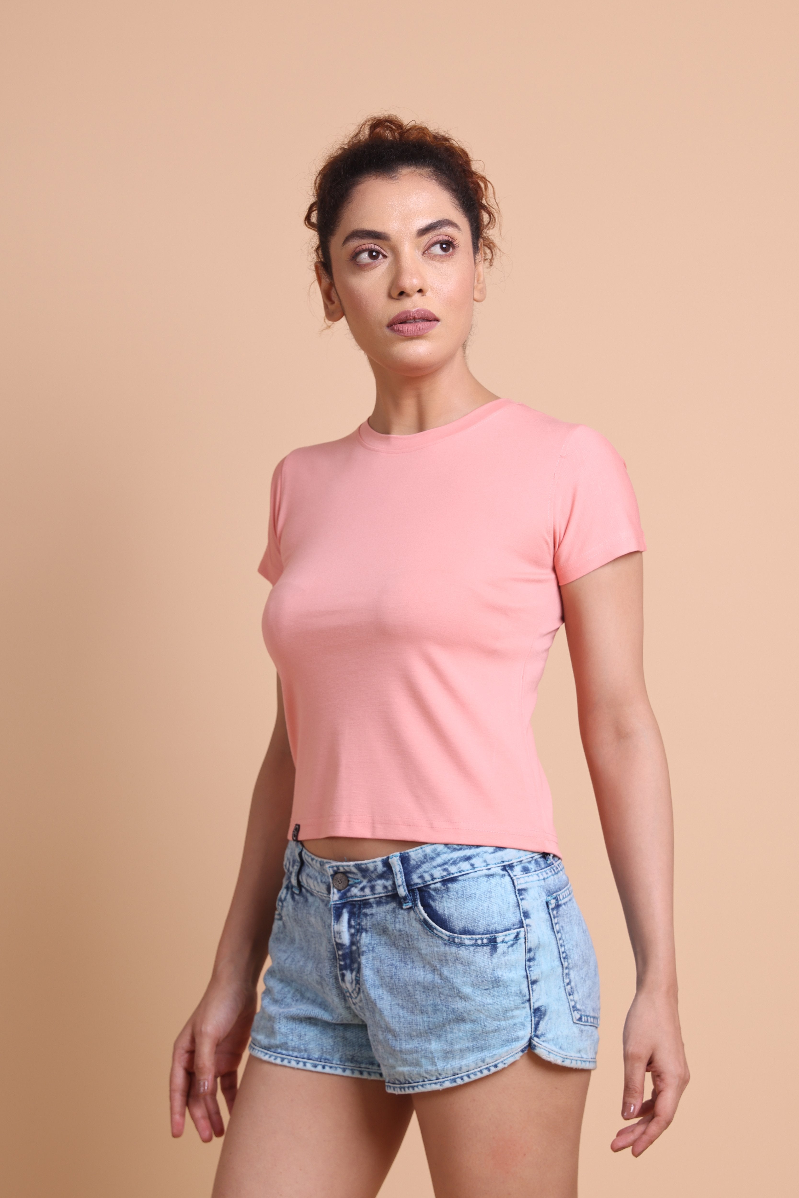 Women's  Peach Color Solid Slim fit T-shirts