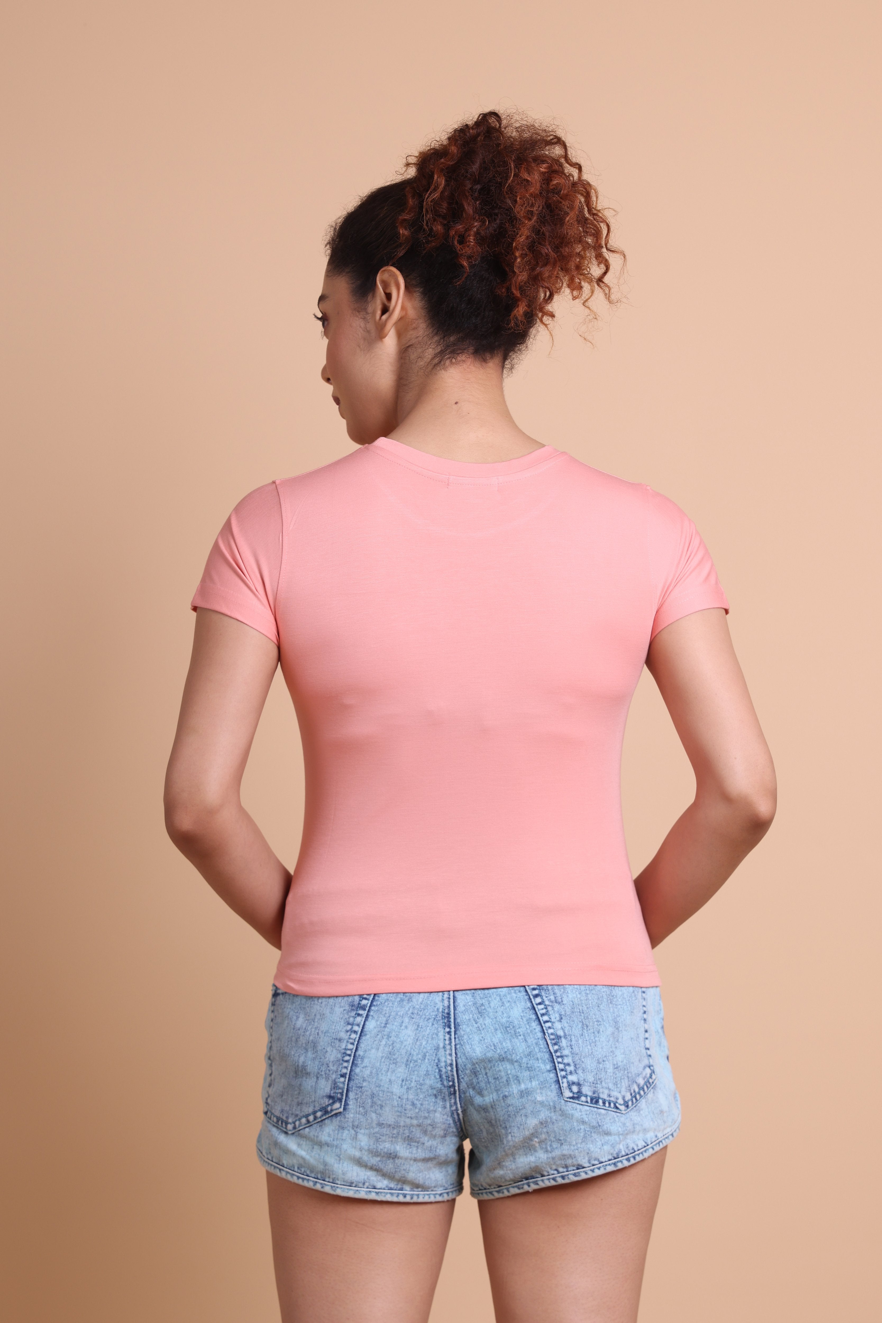 Women's  Peach Color Solid Slim fit T-shirts