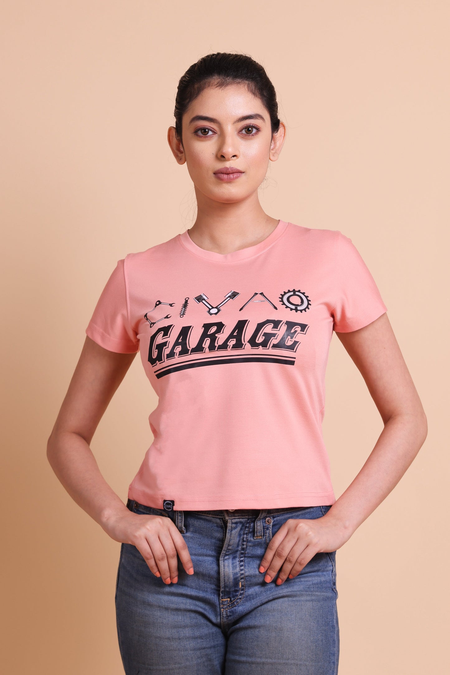 Women's  Peach Color The Garage Slim Fit T-Shirts