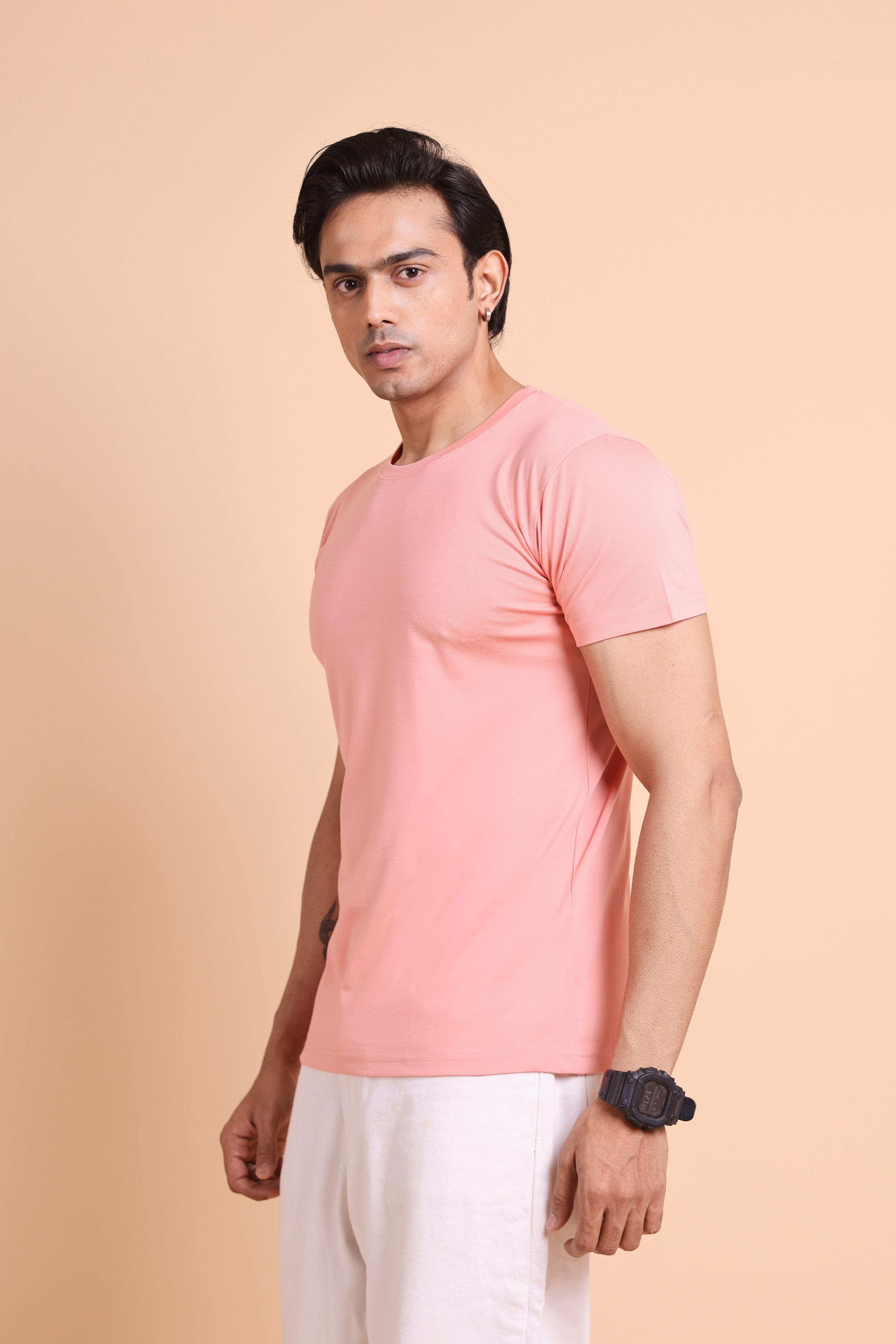 The Civao Peach Color Solid Slim Fit T-Shirt