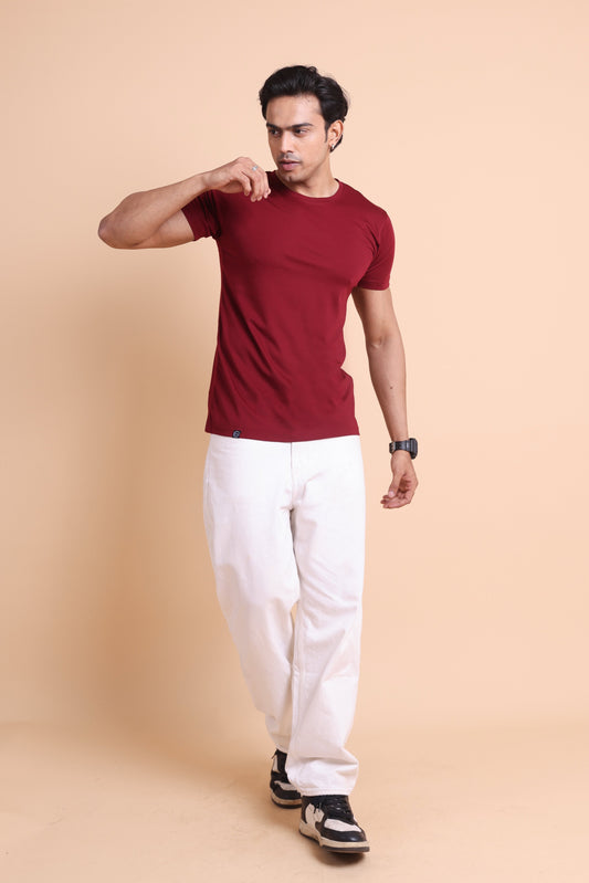 The Civao Maroon Men's Solid Slim Fit T-Shirt