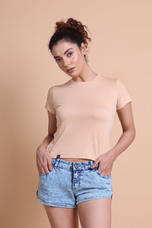 Women's  Beige Color Solid Slim fit T-shirts